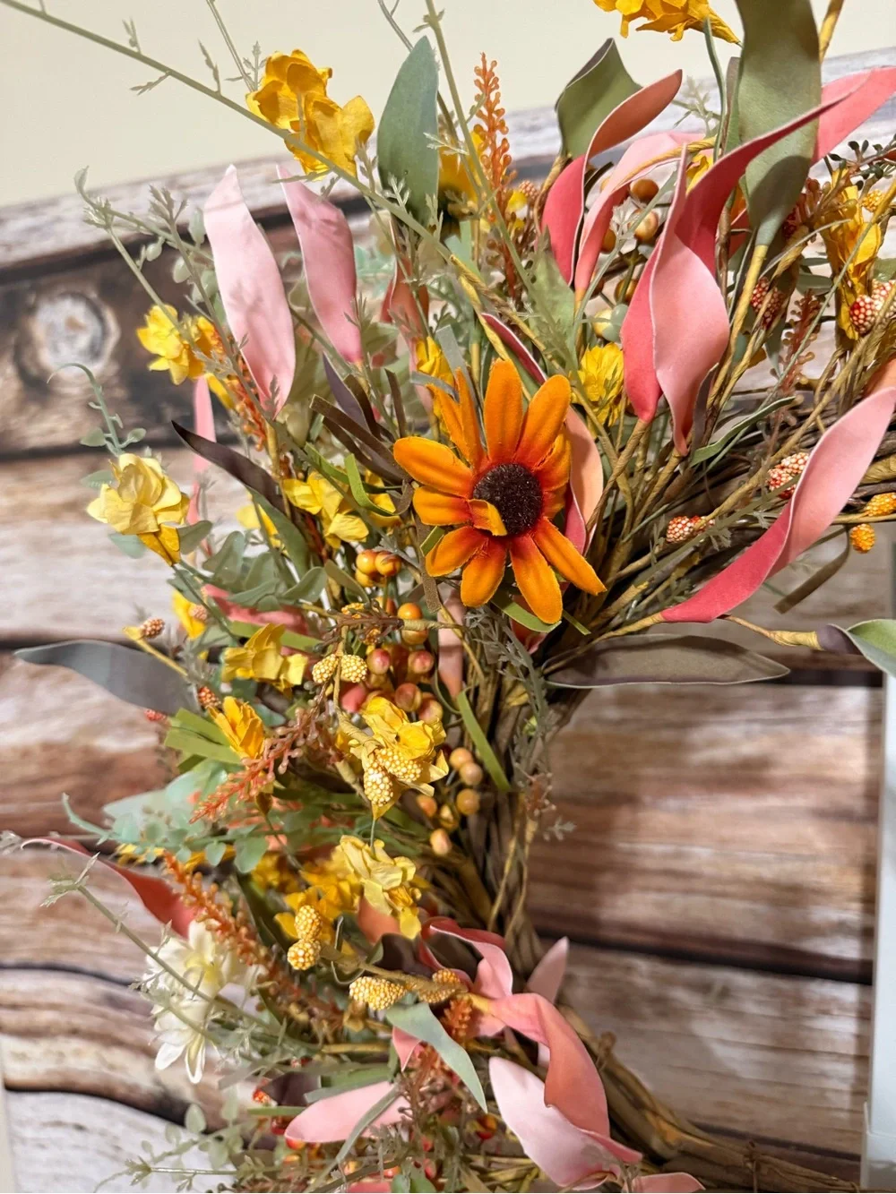 Autumn Flower & Berry Faux Floral Wreath - Yellow Orange & Pink